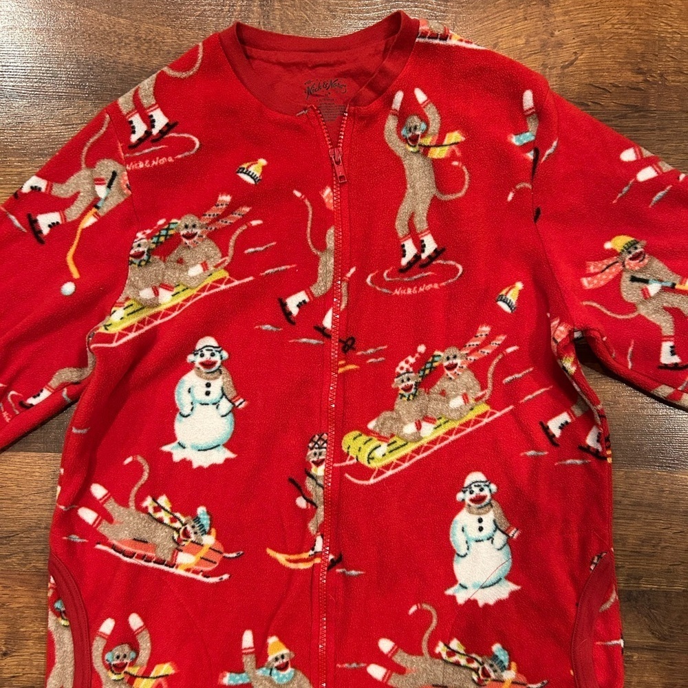 Nick & Nora Sock Monkey One Piece Pajama Zip M Women Red Ice Skating Sledding - Picture 3 of 8